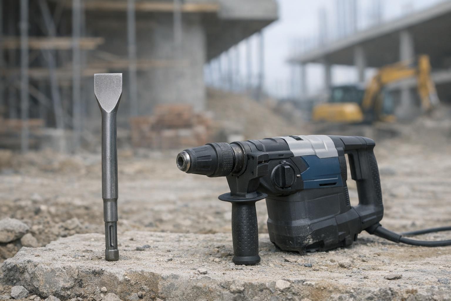 Zdjęcie: dłuto płaskie Bosch ustawione obok młotowiertarki na placu budowy