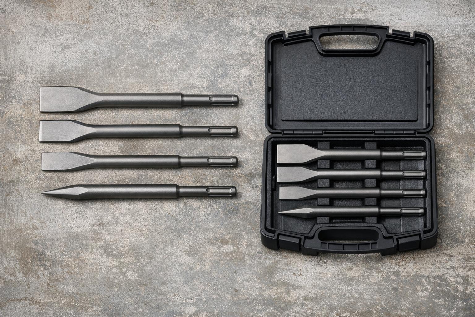 Zdjęcie: zestaw dłut Bosch z oznaczeniami SDS i różnymi szerokościami ostrzy