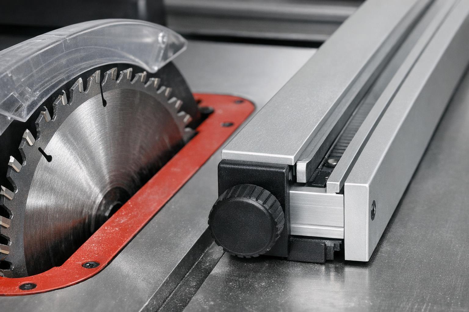 Zdjęcie zbliżenia na tarczę piły stołowej i prowadnicę