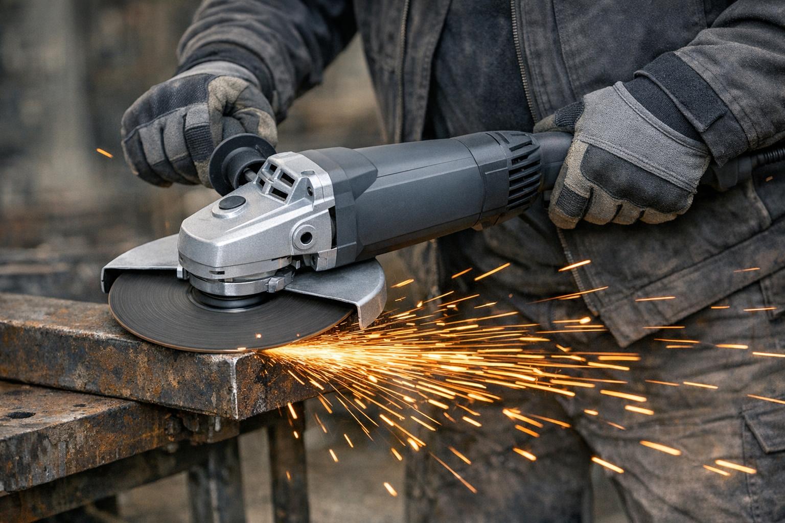 Zdjęcie: duża szlifierka kątowa 230 mm podczas cięcia grubego metalu
